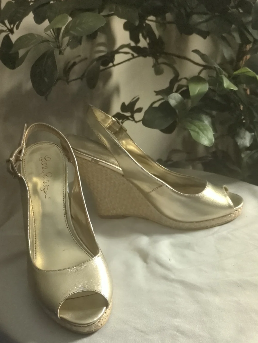 Lilly Pulitzer Gold Peep-Toe Wedge Slingback Heels